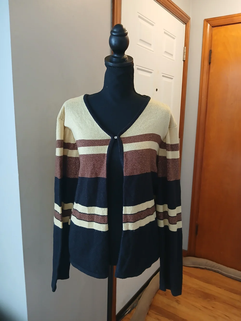Sag Harbor Navy, Brown & Cream Striped Open-Front Cardigan Women's XL